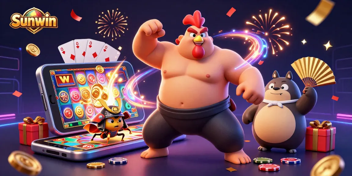 Sunwin offers exciting slot action with a powerful rooster, samurai cricket, and tanuki announcer in a vibrant casino scene.