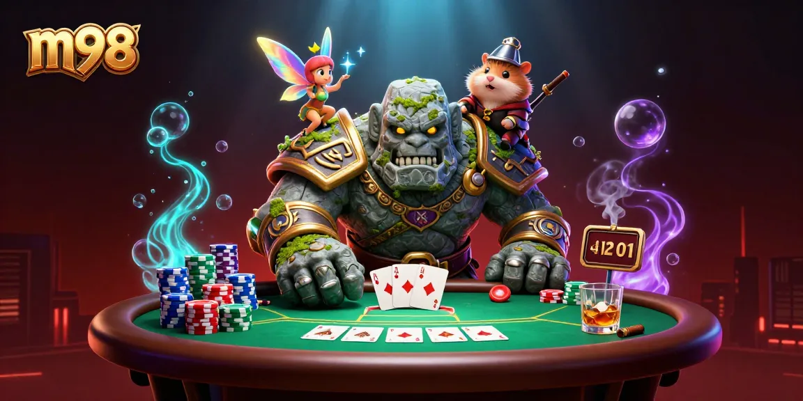 Experience the excitement of m98 with a dynamic casino scene featuring a magical golem and companion.