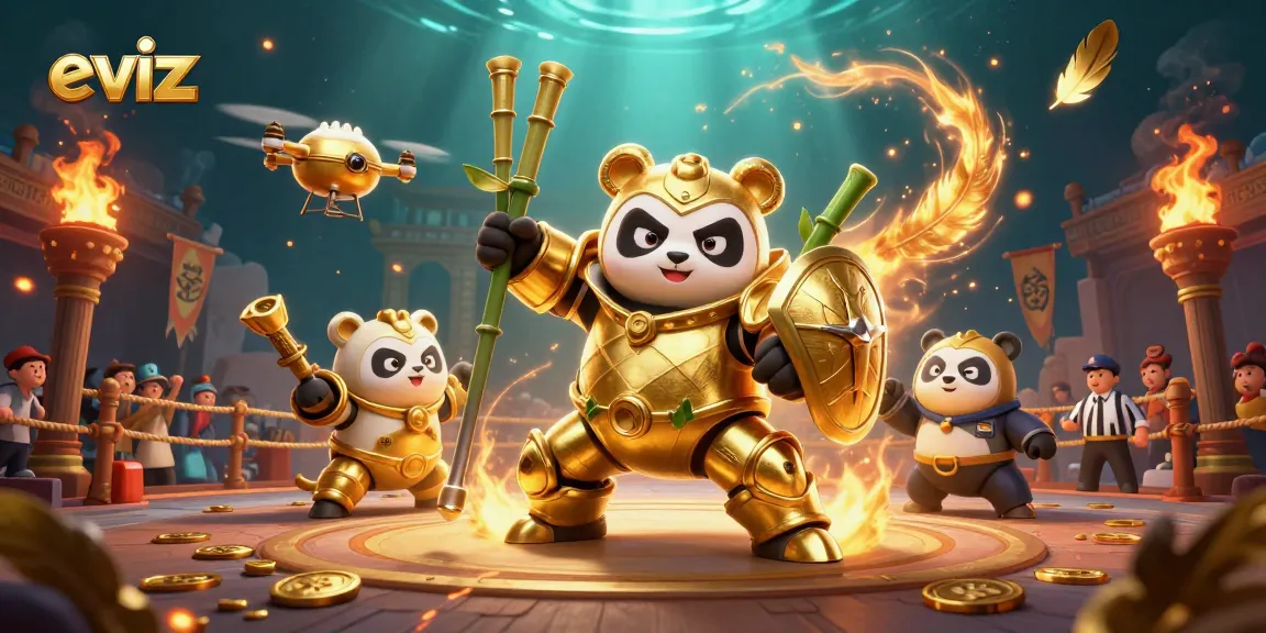 Bet on excitement at eviz with vibrant scenes of golden panda and bamboo robots in an action-packed arena.