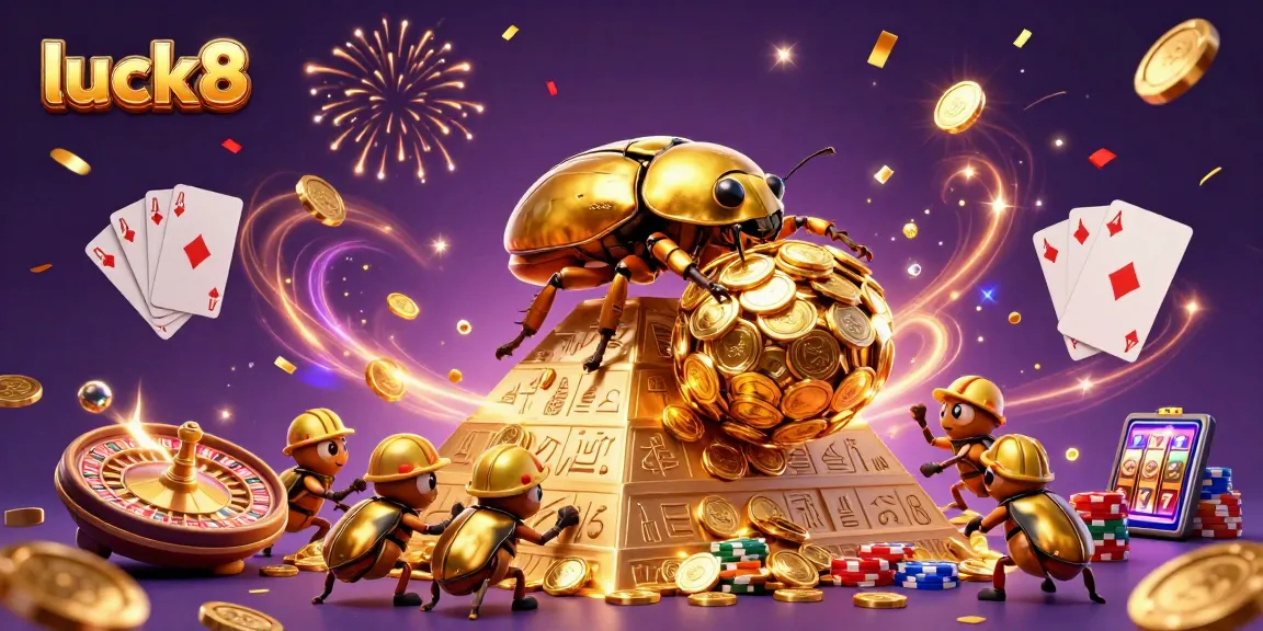 Experience luck8 with a golden beetle rolling coins in a vibrant casino-themed scene.