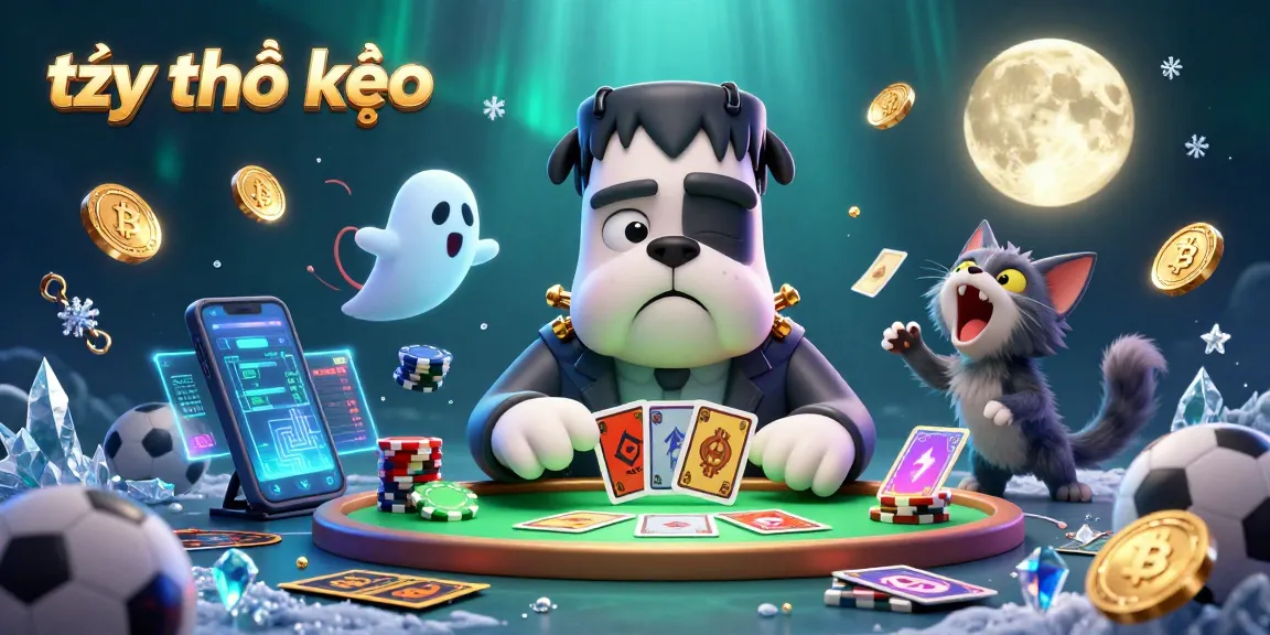 Experience thrilling sports betting with tỷ lệ kèo as a cartoon bulldog dealer at a spooky table in this vibrant illustration.